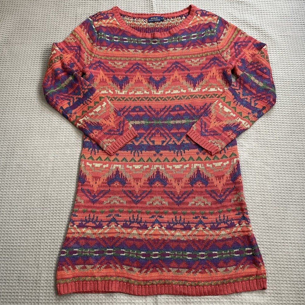 Polo Ralph Lauren Beacon Aztec Southwest Sweater Dress Large Linen/Cotton/Silk